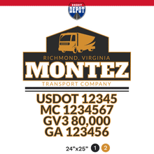 Load image into Gallery viewer, truck door decal with USDOT, MC, GVW, CA