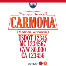 Load image into Gallery viewer, truck door decal with USDOT, MC, GVW, CA