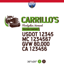 Load image into Gallery viewer, truck door decal with USDOT, MC, GVW, CA