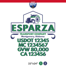 Load image into Gallery viewer, Company Name + 5 Location Or Regulation Numbers Truck Lettering Decal (USDOT, MC, GVW, CA), 2 Pack