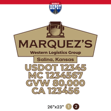 Load image into Gallery viewer, truck door decal with USDOT, MC, GVW, CA