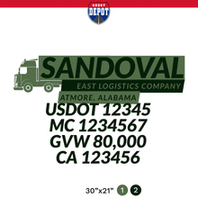Load image into Gallery viewer, truck door decal with USDOT, MC, GVW, CA