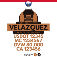 Load image into Gallery viewer, truck door decal with USDOT, MC, GVW, CA