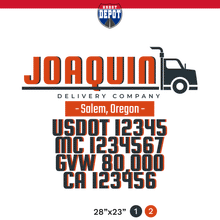 Load image into Gallery viewer, truck door decal with USDOT, MC, GVW, CA