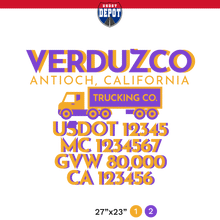 Load image into Gallery viewer, truck door decal with USDOT, MC, GVW, CA