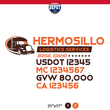 Load image into Gallery viewer, truck door decal with USDOT, MC, GVW, CA