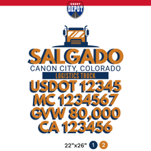 Load image into Gallery viewer, truck door decal with USDOT, MC, GVW, CA