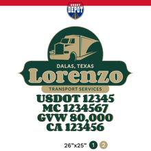 Load image into Gallery viewer, truck door decal with USDOT, MC, GVW, CA