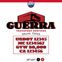 Load image into Gallery viewer, truck door decal with USDOT, MC, GVW, CA