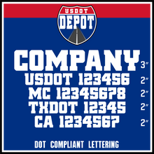 Load image into Gallery viewer, Company Name with USDOT, MC, TXDOT & CA Number Lettering Decal (2-Pack)