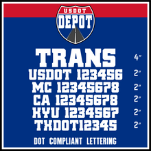 Load image into Gallery viewer, Transport Company Door Decal with USDOT, MC, CA, KYU & TXDOT Lettering (2-Pack)