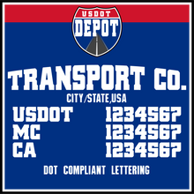 Load image into Gallery viewer, Arched Transport Name with City, USDOT, MC & CA Number Decal Lettering (2-Pack)