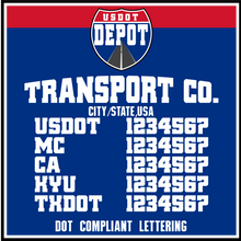 Load image into Gallery viewer, Transport Trucking Company Namer with USDOT, MC, CA, KYU & TXDOT Lettering Numbers (2-Pack)