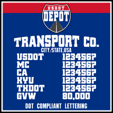 Load image into Gallery viewer, Arched Transport Name with USDOT, MC, CA, KYU, TXDOT & GVW Number Lettering Decals (2-Pack)