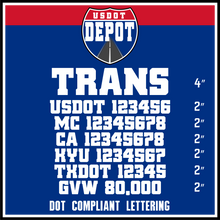 Load image into Gallery viewer, Transport Company Name with USDOT, MC, CA, KYU, TXDOT & GVW Number Lettering Decals (2-Pack)