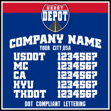 Load image into Gallery viewer, Arched Company Name with USDOT, MC, CA, KYU & TXDOT Number Lettering Decals (2-Pack)