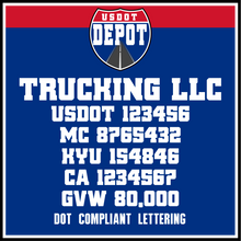 Load image into Gallery viewer, Trucking Name with USDOT, MC, KYU, CA & GVW Lettering (2-Pack)
