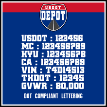 Load image into Gallery viewer, US DOT, MC, KYU, CA, VIN, TXDOT & GVWR Number Sticker Decal Lettering (2-Pack)