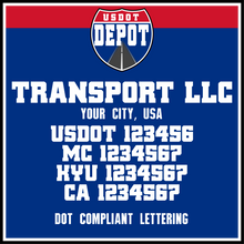 Load image into Gallery viewer, Transport Name with US DOT, MC, KYU & CA Lettering Numbers (2-Pack)