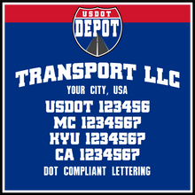 Load image into Gallery viewer, Arched Transport Name with USDOT, MC, KYU & CA Lettering Number Stickers (2-Pack)