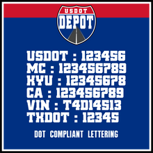 Load image into Gallery viewer, US DOT, MC, KYU, CA, VIN & TXDOT Number Lettering Decals (2-Pack)
