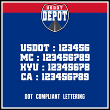 Load image into Gallery viewer, USDOT, MC, KYU & CA Number Lettering Decal (2-Pack)