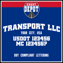 Load image into Gallery viewer, Arched Transport Company Name with Origin City, USDOT & MC Number Lettering (2-Pack)