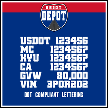 Load image into Gallery viewer, US DOT, MC, KYU, CA, GVW & VIN Regulation Number Decals (2-Pack)