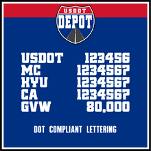 Load image into Gallery viewer, USDOT, MC, KYU, CA & GVW Number Lettering Decals (2-Pack)