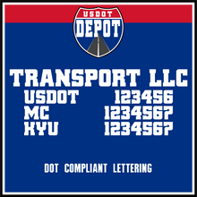 Load image into Gallery viewer, Transport Name with USDOT, MC & KYU Lettering Decal (2-Pack)