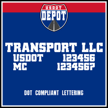 Load image into Gallery viewer, Transportation Company Name with USDOT & MC Lettering Decal Stickers (2-Pack)