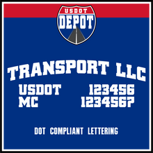Load image into Gallery viewer, Arched Transportation Company Name with USDOT & MC Lettering Decal Stickers (2-Pack)