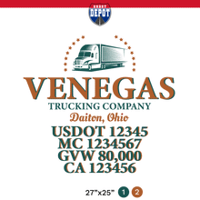 Load image into Gallery viewer, truck door decal with USDOT, MC, GVW, CA
