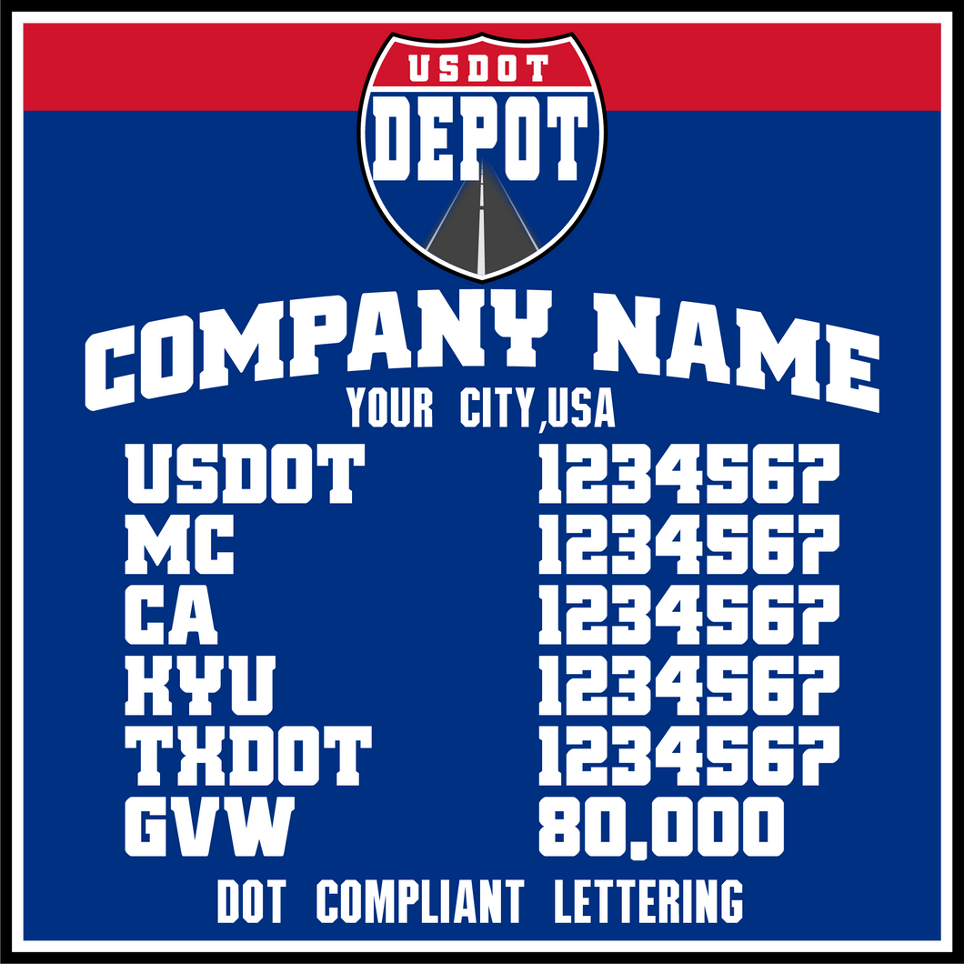 Trucking Company Name with USDOT, MC, CA, KYU, TXDOT & GVW Number Decal Lettering Stickers (2-Pack)