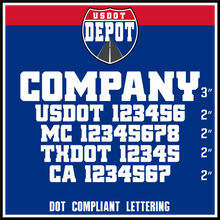 Load image into Gallery viewer, Company Name with USDOT, MC, TXDOT &amp; CA Number Lettering Decal (2-Pack)
