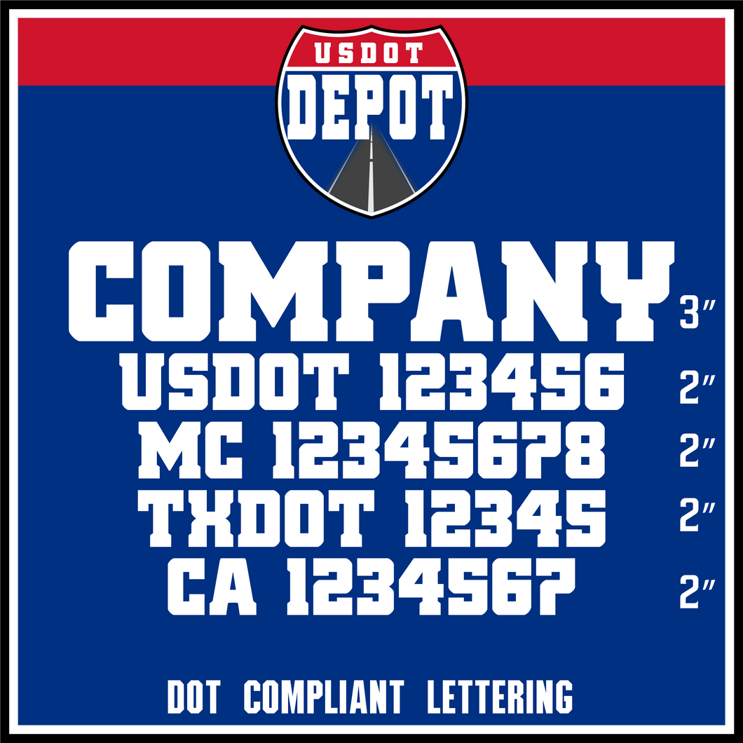 Company Name with USDOT, MC, TXDOT & CA Number Lettering Decal (2-Pack)
