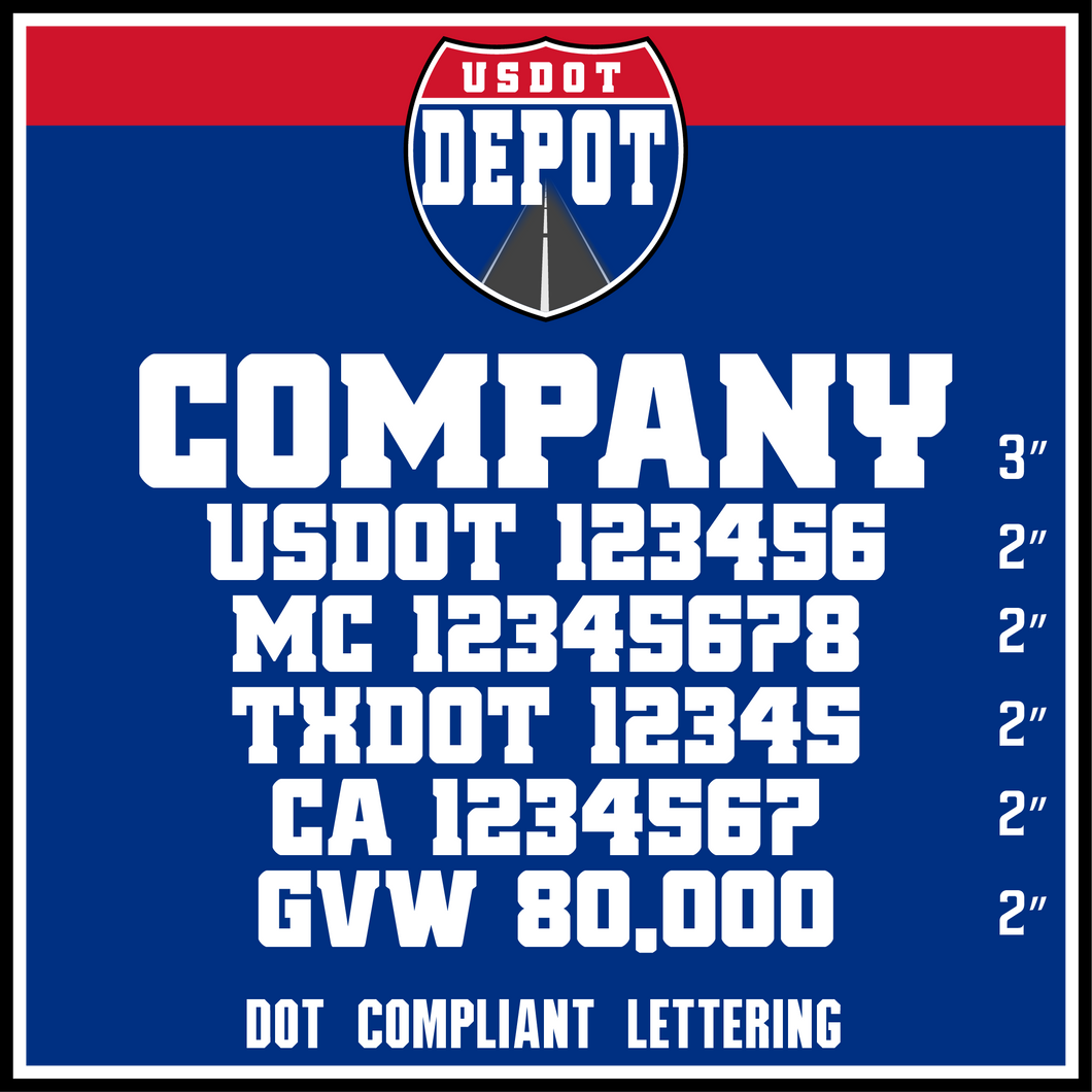 Trucking Company Name with USDOT, MC, TXDOT, CA & GVW Numbers (2-Pack)