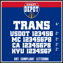 Load image into Gallery viewer, Transport Company Name Door Decal with USDOT, MC, CA &amp; KYU Lettering (2-Pack)

