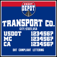Load image into Gallery viewer, Arched Transport Name with City, USDOT, MC &amp; CA Number Decal Lettering (2-Pack)
