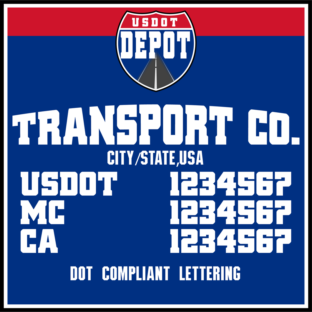 Arched Transport Name with City, USDOT, MC & CA Number Decal Lettering (2-Pack)