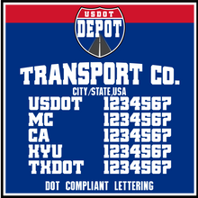 Load image into Gallery viewer, Transport Trucking Company Namer with USDOT, MC, CA, KYU &amp; TXDOT Lettering Numbers (2-Pack)
