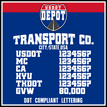 Load image into Gallery viewer, Arched Transport Name with USDOT, MC, CA, KYU, TXDOT &amp; GVW Number Lettering Decals (2-Pack)

