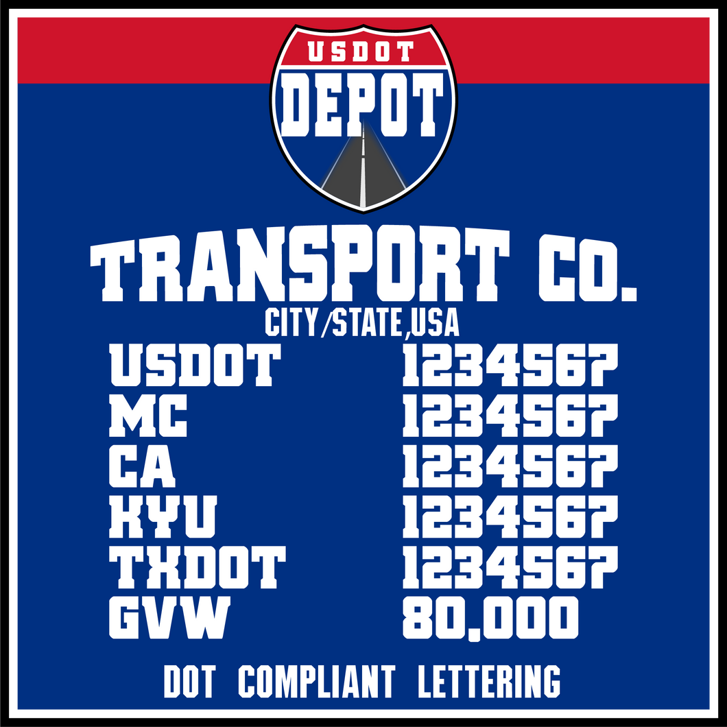 Arched Transport Name with USDOT, MC, CA, KYU, TXDOT & GVW Number Lettering Decals (2-Pack)