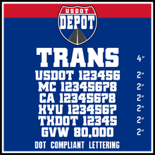 Load image into Gallery viewer, Transport Company Name with USDOT, MC, CA, KYU, TXDOT &amp; GVW Number Lettering Decals (2-Pack)
