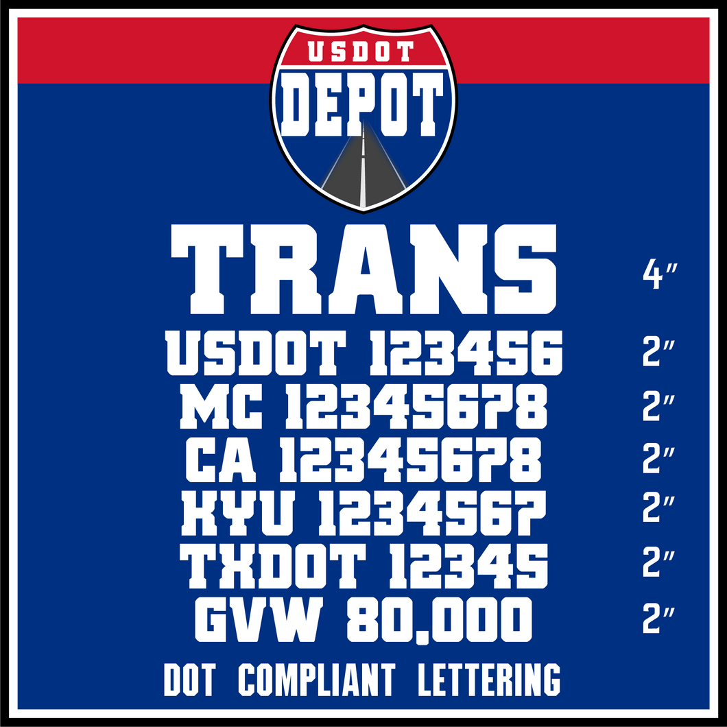 Transport Company Name with USDOT, MC, CA, KYU, TXDOT & GVW Number Lettering Decals (2-Pack)
