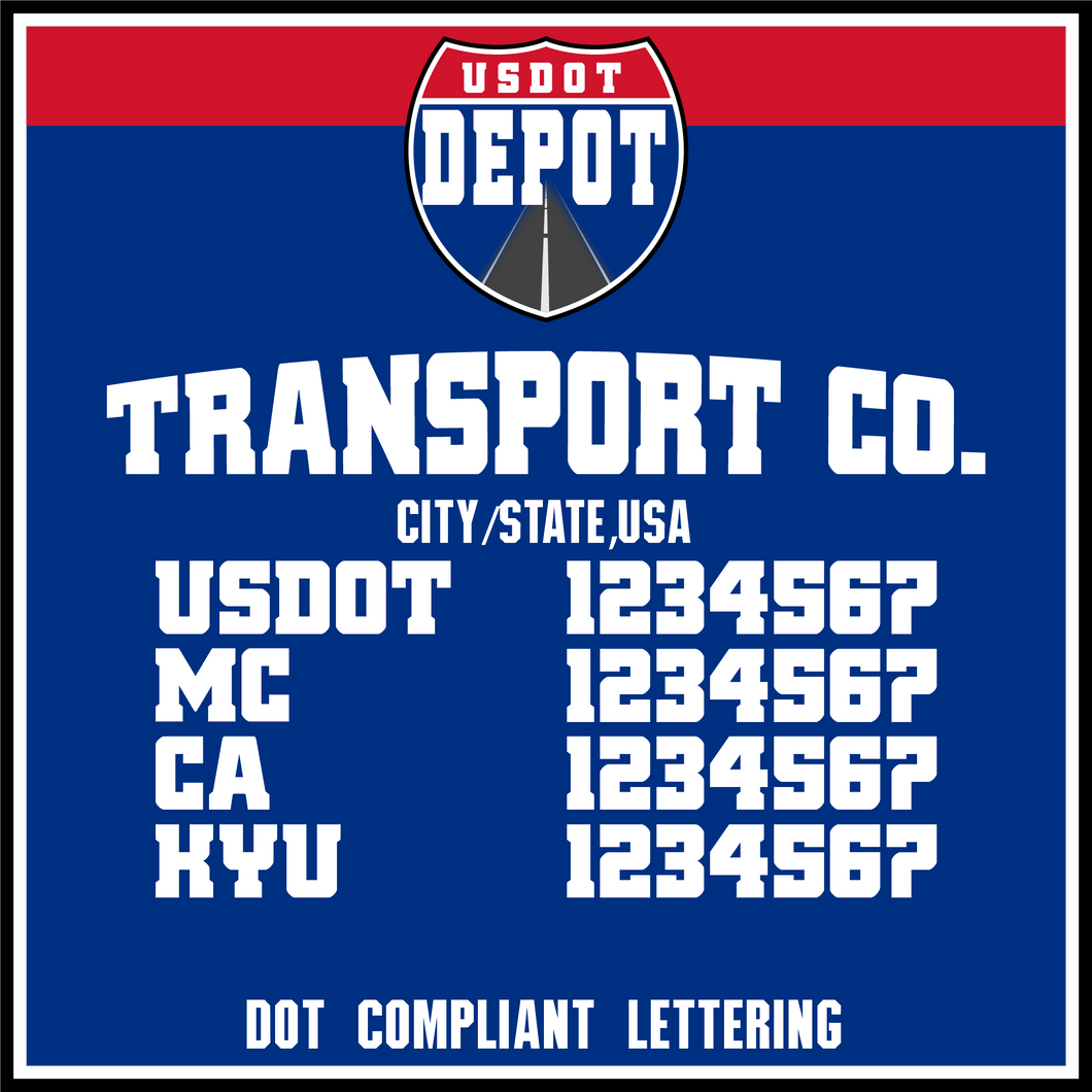 Arched Transport Name with USDOT, MC, CA & KYU Number Lettering Decal (2-Pack)