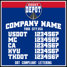 Load image into Gallery viewer, Arched Company Name with USDOT, MC, CA, KYU &amp; TXDOT Number Lettering Decals (2-Pack)
