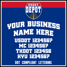 Load image into Gallery viewer, Arched Trucking Business Name with USDOT, MC, TXDOT &amp; KYU Lettering Decal (2-Pack)
