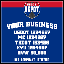 Load image into Gallery viewer, Arched Trucking Business Name with USDOT, MC, TXDOT, KYU &amp; GVW Lettering Numbers Decal (2-Pack)
