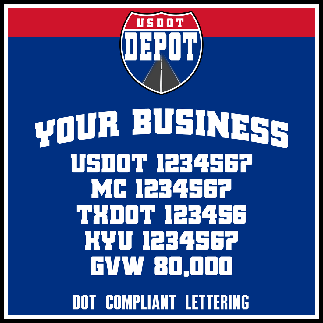 Arched Trucking Business Name with USDOT, MC, TXDOT, KYU & GVW Lettering Numbers Decal (2-Pack)